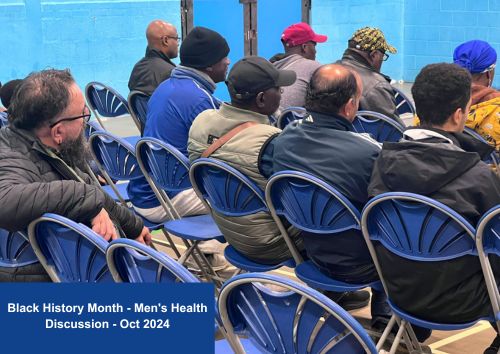 A group of men watch a Black History Month Men's Health Discussion - Oct 2024