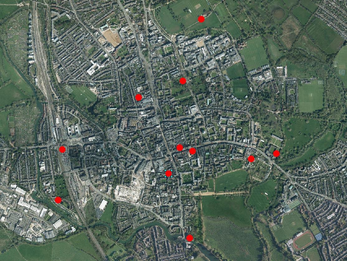 Archaeological monitoring report map showing sites in Oxford city centre