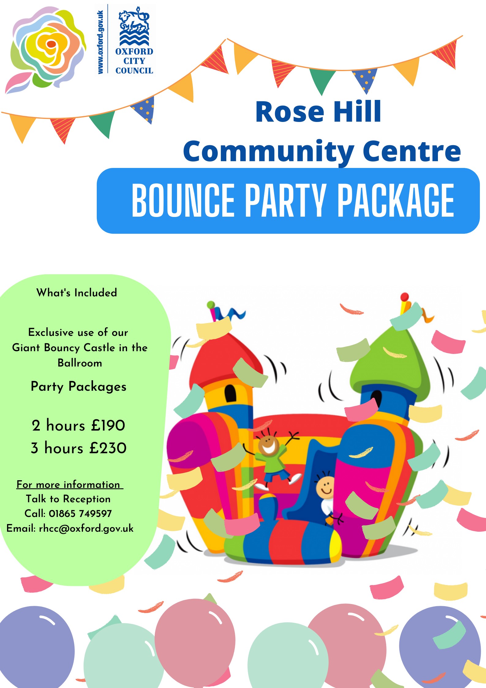 Bounce party package at Rose Hill Community Centre