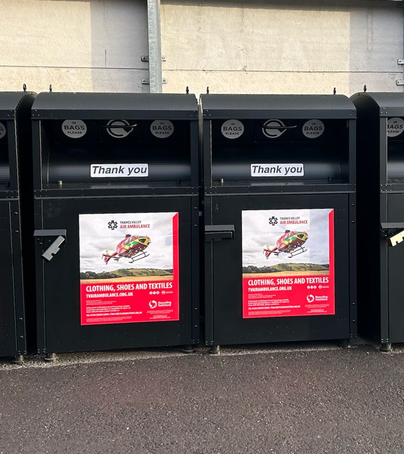 Image of two textile recycling bins