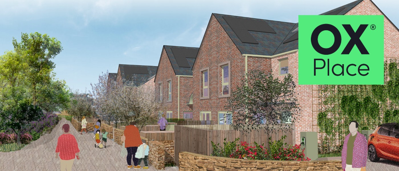 Architect's image of new homes in Youngs Way with OX Place logo