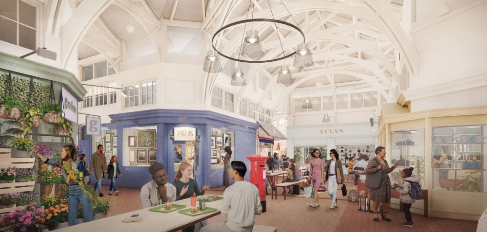 Architect drawing of updated central sqaure in the covered market with people wandering, shopping and sitting int he market.