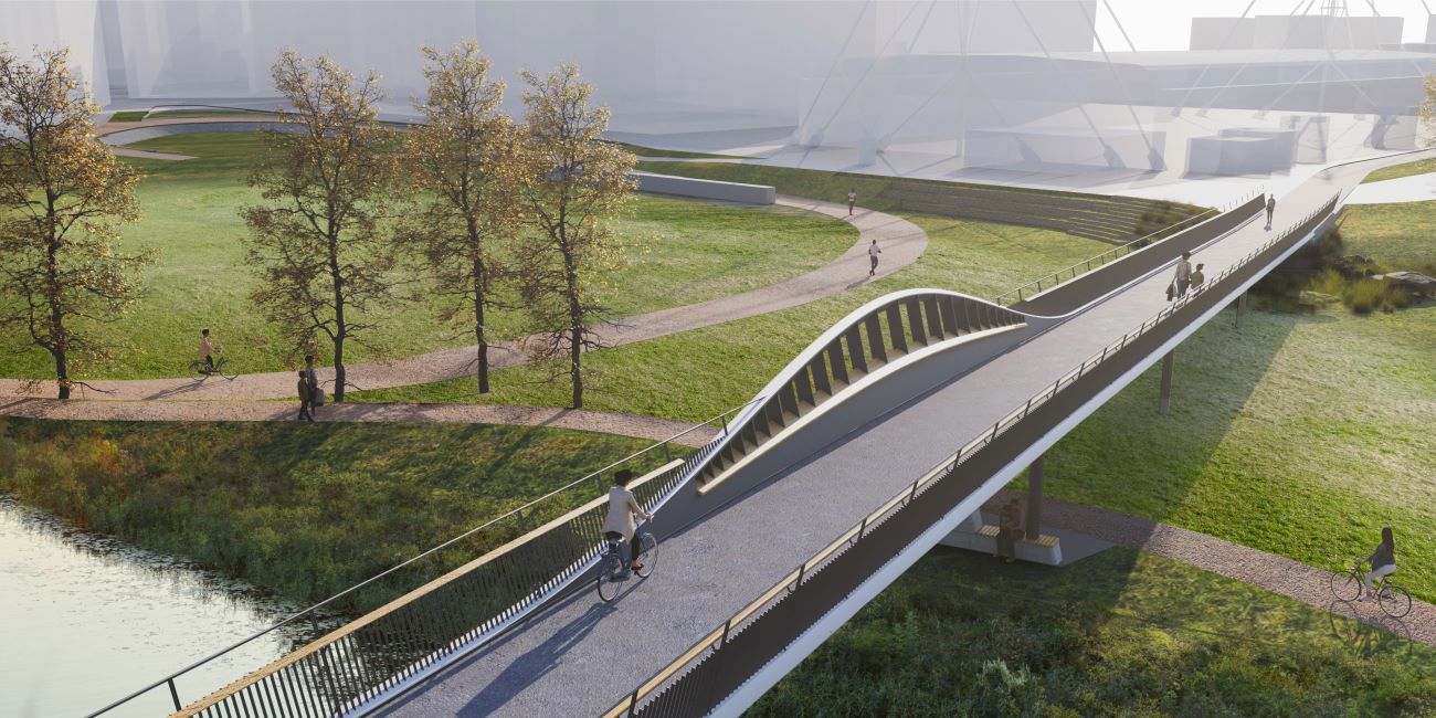 Artist's impression of proposed Oxpens River Bridge showing bridge over Thames and greenery. 