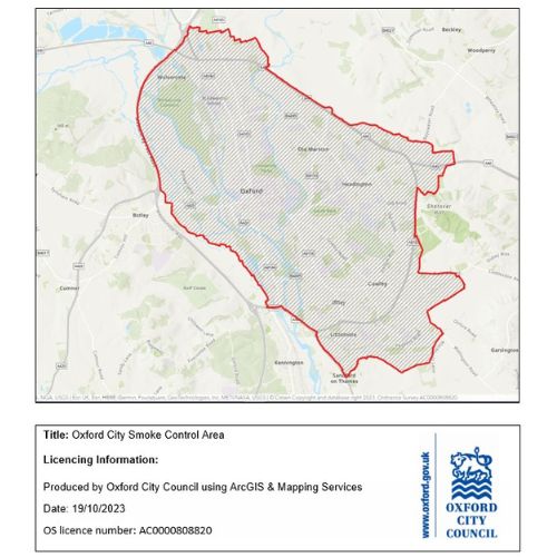 Map showing boundary of Oxford City Smoke Control Area. Produced by Oxford City Council using ArcGIS and Mapping Services. Date: 19 October 2023. OS licence number: AC0000808820