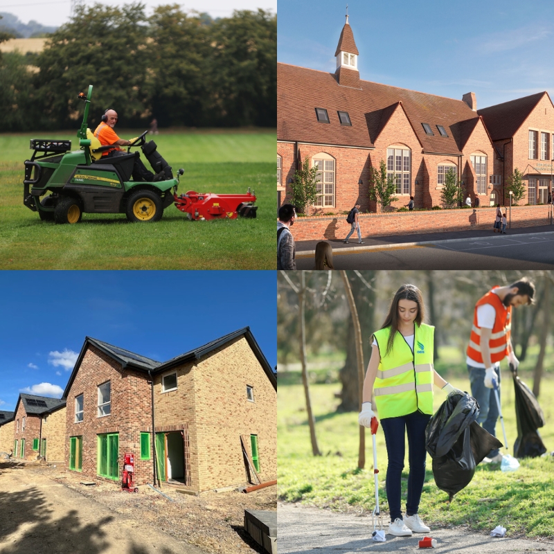 A collage of images to illustrate the 2024 Budget, including a picture of grass cutting, artist impressions of the new East Oxford Community Centre, housebuilding, and litter picking.